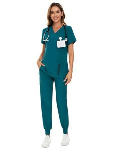 COZYFIT Scrubs for Women Set - Stretch V-Neck Scrub Top & Jogger Pant with 8 Pockets, Yoga Waistband, Anti Wrinkle, Slim Fit Women Scrubs