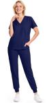 Eadflie Scrubs for Women Set - 8-Pocket V-Neck Scrub Uniform, Stretch Jogger Pants, Medical Workwear for Nurses, Pet Care (Navy Blue/XS)