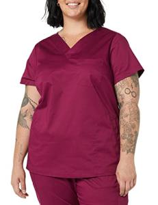 Amazon Essentials Women's Classic Fit V-Neck Short Sleeve Scrub Top with 3 Pockets, Moisture Wicking (Available in Plus Size), Plum, XX-Large