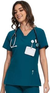 COZYFIT Scrubs for Women - V-Neck Women Scrub Tops with 3 Pockets,Soft Stretch,Caribbean Blue,M