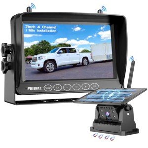 Wireless Backup Camera Solar, 7 Inch Magnetic RV Backup Camera Rechargeable Dual-Antenna IR Night Vision Rear View Camera 4 Channels 1080P HD Video Recording 150° Wide Angle Back up Camera for Truck