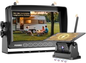 Wireless Backup Camera Solar, 7 Inch Magnetic RV Backup Camera Rechargeable Dual-Antenna IR Night Vision Rear View Camera 4 Channels 1080P HD Video Recording 150° Wide Angle Back up Camera for Truck