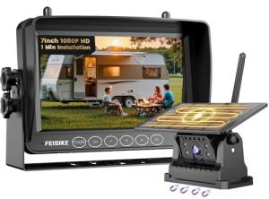Wireless Backup Camera Solar, 7 Inch Magnetic RV Backup Camera Rechargeable Dual-Antenna IR Night Vision Rear View Camera 4 Channels 1080P HD Video Recording 150° Wide Angle Back up Camera for Truck