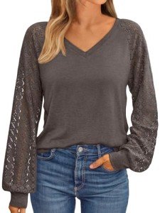 Chic Women's V-Neck Lace Long Sleeve Top