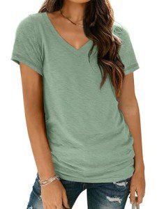 Trendy Women's V Neck Short Sleeve Tee - Green