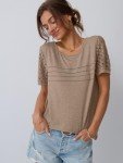 Women's Lace Short Sleeve Summer Tops - Khaki