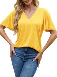 Yellow V-Neck Ruffle Short Sleeve Tee for Women