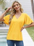 Yellow V-Neck Ruffle Short Sleeve Tee for Women
