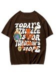 Men's Vintage Letter Print Graphic Tee - Coffee Brown