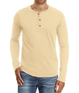 Men's Casual Long Sleeve Henley T-Shirt - Beige