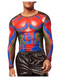 Red Sheer Mesh Long Sleeve Crop Top for Men
