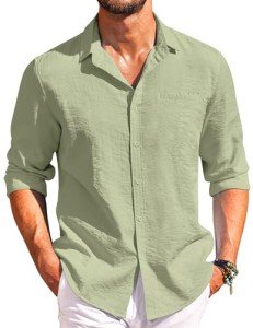 Light Green Casual Linen Button-Down Shirt for Men