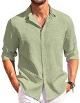 Light Green Casual Linen Button-Down Shirt for Men