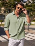 Light Green Casual Linen Button-Down Shirt for Men