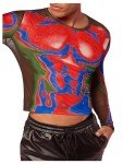 Red Sheer Mesh Long Sleeve Crop Top for Men