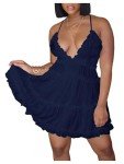 Deep Blue Ruffle V Neck Mini Dress for Women