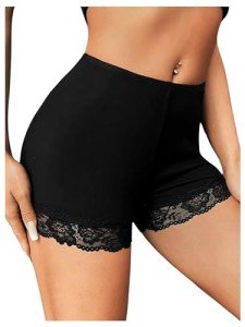 Floral Lace Trim High Waist Biker Shorts - Black
