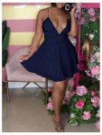 Deep Blue Ruffle V Neck Mini Dress for Women