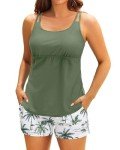 Tempt Me Plus Size Green Leaves Tankini Set