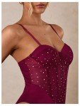 Burgundy Sheer Corset Bodysuit Top for Women
