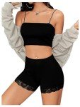Floral Lace Trim High Waist Biker Shorts - Black