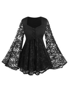 Plus Size Lace Flare Sleeve Gothic Tee