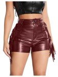 Fringe Trim PU Leather Mini Party Shorts - Wine