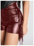 Fringe Trim PU Leather Mini Party Shorts - Wine