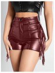 Fringe Trim PU Leather Mini Party Shorts - Wine