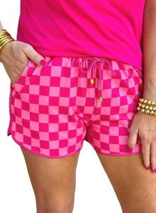 Rose Red Plaid Shorts with Pockets for Women