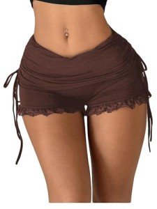 WDIRARA Women's Lace Ruched Drawstring Mini Shorts