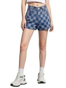 Melliflo Women's High Waist Plaid Jean Shorts