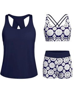 Navy Geometry 3-Piece Women's Tankini Set