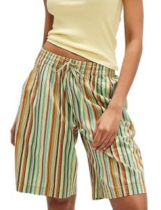Green Striped Bermuda Shorts for Women with Pockets