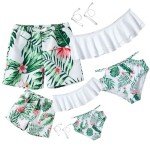 IFFEI Family Matching Swimsuits Tropical Print Two Piece Bikini Sets Mens Swim Trunks Mommy and Me Bathing Suit with Straps Women L Green-White