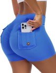 SEASUM Women Pocket Shorts Scrunch Butt Workout Cargo V Waist Yoga Booty Lifting Gym Biker Bottom 4.5" Azure Blue L