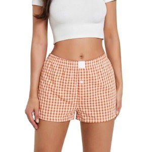 Women Y2k Orange Plaid Shorts Elastic Waisted Gingham Pajama Plaid Boxers Shorts Halloween Orange Shorts Bottoms