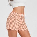 Women Y2k Orange Plaid Shorts Elastic Waisted Gingham Pajama Plaid Boxers Shorts Halloween Orange Shorts Bottoms