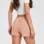 Women Y2k Orange Plaid Shorts Elastic Waisted Gingham Pajama Plaid Boxers Shorts Halloween Orange Shorts Bottoms