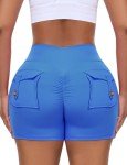 SEASUM Women Pocket Shorts Scrunch Butt Workout Cargo V Waist Yoga Booty Lifting Gym Biker Bottom 4.5" Azure Blue L