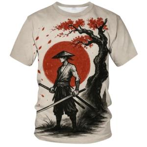 ARTPETSPI Samurai Anime T-Shirt for Men Japanese Warrior Graphic Tee with Red Sun Japan Style Manga Art Shirt Asian Ink Art Short Sleeve Shirt,Grey Red,XL
