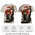 ARTPETSPI Samurai Anime T-Shirt for Men Japanese Warrior Graphic Tee with Red Sun Japan Style Manga Art Shirt Asian Ink Art Short Sleeve Shirt,Grey Red,XL