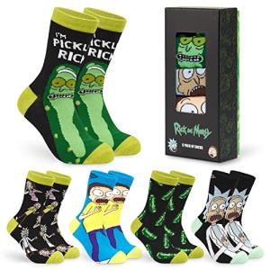 RICK AND MORTY Mens Funny Calf Socks Pack of 5 Cool Soft Comfy Breathable Novelty Cartoon Socks Pickle Rick Gifts for Men (7/11 US, Green/Black)