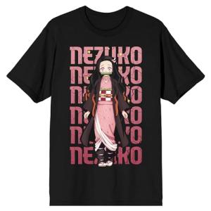 Demon Slayer Nezuko Repeat Text Crew Neck Short Sleeve Men's Black T-Shirt-XL