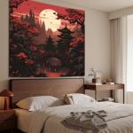 Japanese Anime Tapestry: Dark Sunset Forest Decor