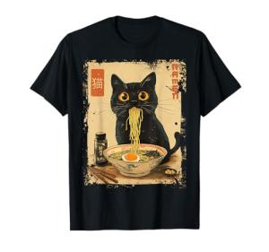 Dirhame Funny Japanese Cat Ramen Anime Kawaii Cat Eating Ramen Noodles T-Shirt, Unisex-Adults, Anime Fans, Girls, Young Females, Black, Small, Short Sleeve, T-Shirt