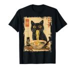 Dirhame Funny Japanese Cat Ramen Anime Kawaii Cat Eating Ramen Noodles T-Shirt, Unisex-Adults, Anime Fans, Girls, Young Females, Black, Small, Short Sleeve, T-Shirt