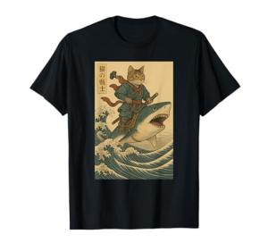 Vintage Anime Cat Japanese Funny Samurai Cat Riding Shark T-Shirt