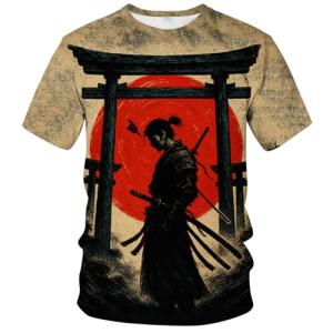 ARTPETSPI Samurai Anime T-Shirt for Men Japanese Warrior Graphic Tee with Red Sun Japan Style Manga Art Shirt Asian Ink Art Short Sleeve Shirt,Red Black,L