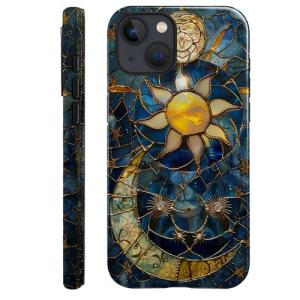 Generic Case Compatible with iPhone 14 - Glossy Hybrid Durable Shockproof Phone Cover,Cases for Woman Girl - Moon Stars Celestial Glass